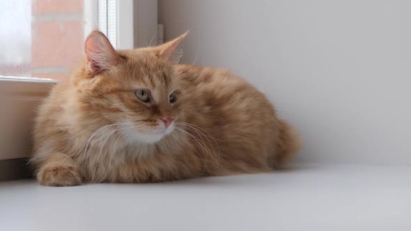 Cute Ginger Cat Lying on Window Sill. Fluffy Pet Sits at Home in Quarantine Without Walking Outside