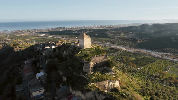 Aerial View of Ancient Tower of Old Village in Calabria