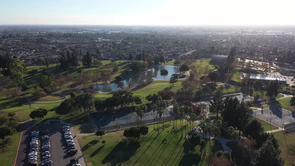 Flying over La Mirada Regional Park towards the lake.