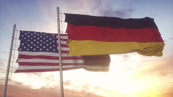 Germany and USA Flag on Flagpole