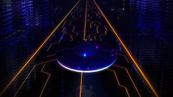 3D Graphic of Unidentified Flying Object Slowly Passing Through the Virtual City