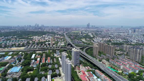 Aerial view of highway and overpass in city