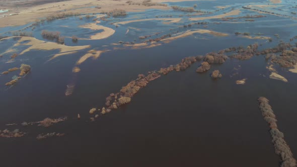 The Camera Flies High Above the Field Where the River Overflowed in the Spring