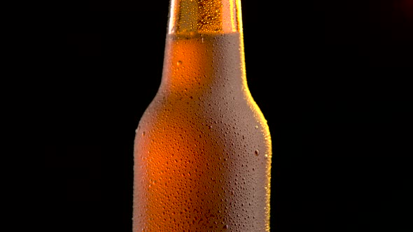 One beer bottle rotating on black background