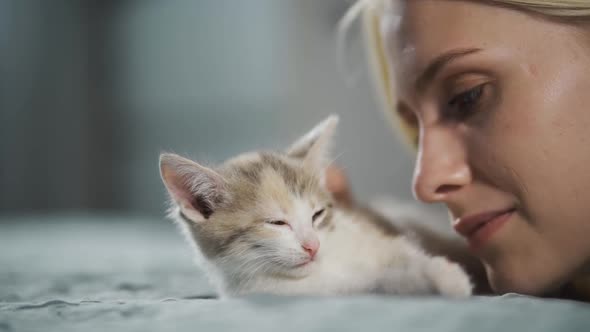 Close Up of a Cute Sleeping Kittycat in the Woman's Hands