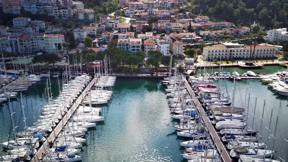 The top view from the drone of Kas resorts, bay, yahts, city in Mugla in Turkey