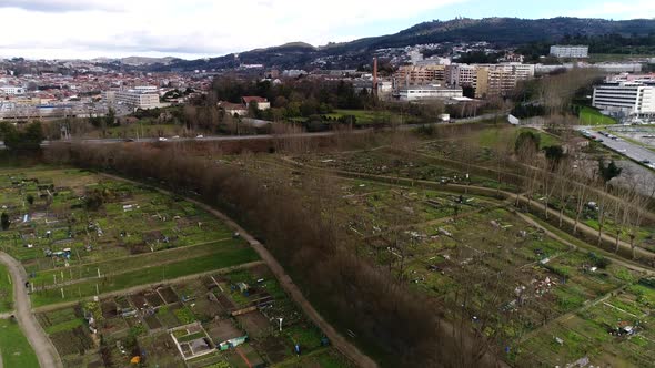 Aerial View of Block of Community Gardens in Urban Neighbourhood