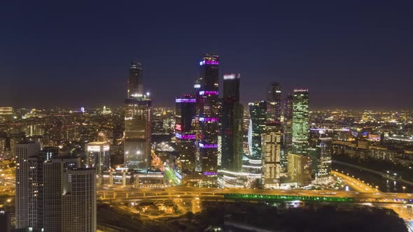 Moscow City Business Center and City Skyline at Night. Russia. Aerial View