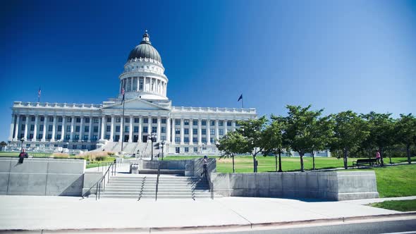 American and Utah State Flags Waving at the Capitol Building in Salt Lake City on a Beautiful Summer