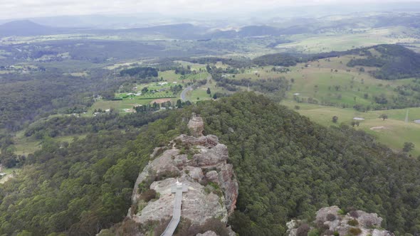 Drone aerial footage of Hassan's Walls lookout in the Blue Mountains in Australia