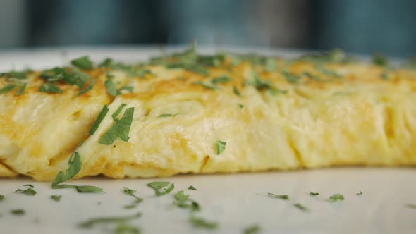 Close-up: French omelette with herbs in a professional kitchen