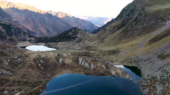 Lake Saussat leading to Lac d'Espingo mountain lake located in Haute-Garonne, Pyrénées, France, Aeri