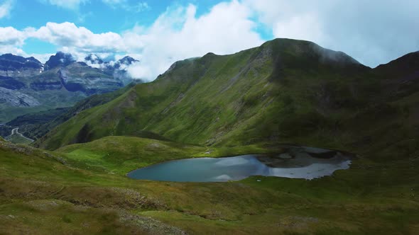 Aerial view of a mountain lake in summer