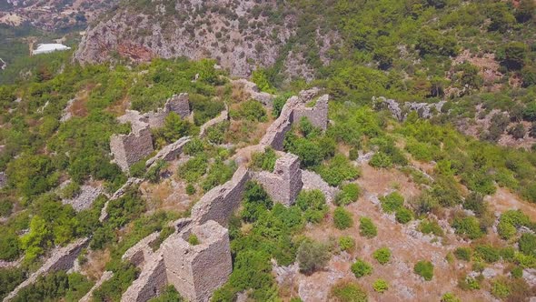 Top view of ancient ruins of castle on a hill