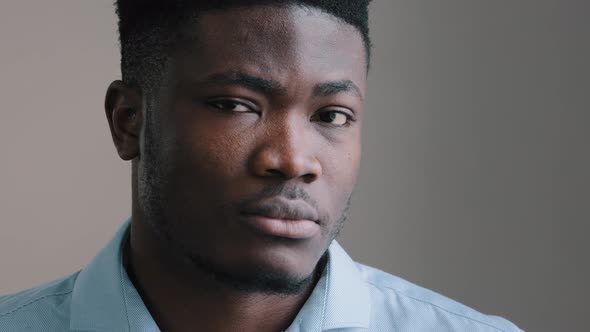 Closeup Portrait Male Face African Young Man Brunet Model Guy Contemplate Thoughtful Look Away Turn