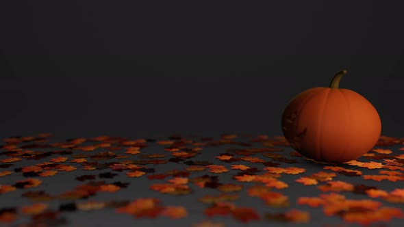 Halloween Scene with Orange Pumpkin on White and Dark Background with Copy Space alt