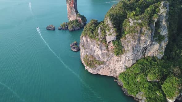 Aerial of Tropical Turquoise Lagoon Beach Rocks