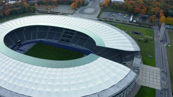 Olympiastadion in Berlin, Germany with No People During Coronavirus Covid 19 Pandemic, Aerial Wide