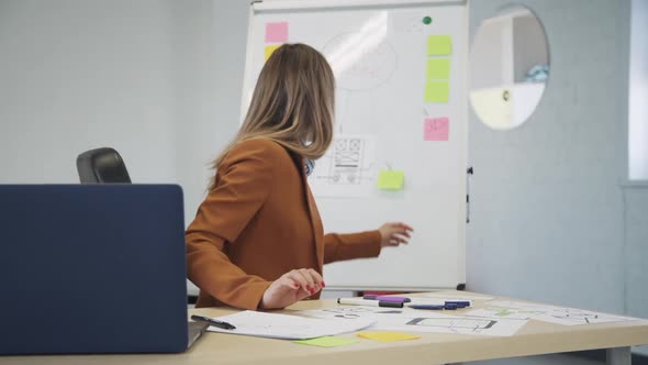 Woman Looking on Whiteboard and Checking Prototype Information f