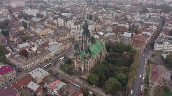 Aerial View of Historical Church of Saints Olga and Elizabeth Old Gothic Temple in Town Lviv Ukraine