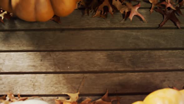 Halloween pumpkin with maple leaf on a wooden table 4k