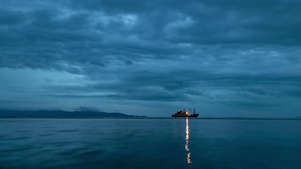 Cargo ship pushed aground by storm at nights