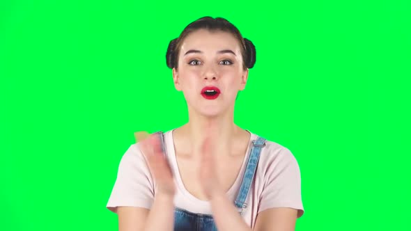 Girl Claps Her Hands with Wow Happy on Green Screen. Slow Motion