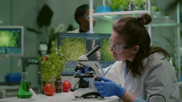 Scientist Doctor Analyzing Botanical Plants Under Microscope