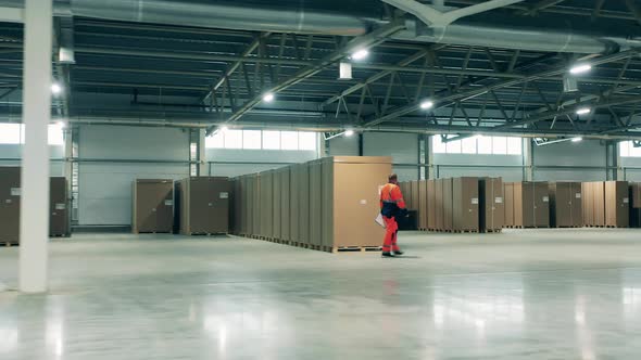 Worker Is Walking Along the Storage of the Refrigeration Factory