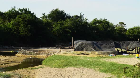 Static view of a duck farm. Enclosure full of ducklings. Vietnam