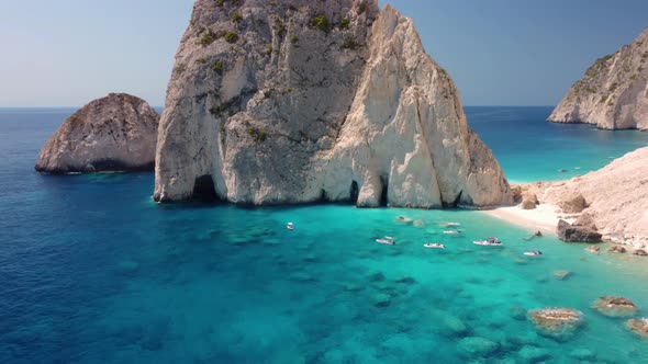 The remote and beautiful beach of Mizithres at the west coast of Zakynthos island, Greece, with crys