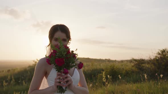 Close Up Bride in Beautiful Sunset on the Background