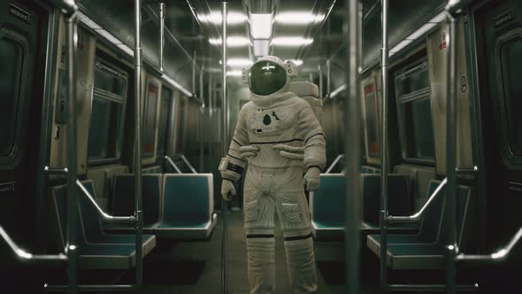 Astronaut Inside of the Old Non-modernized Subway Car in USA