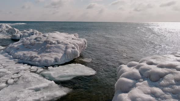 Large Ice Structures In Duluth Seaside On Lake Superior, Minnesota During The Day.