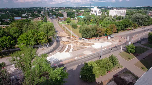 Road Construction Site with Tram Tracks Repair and Maintenance Aerial Timelapse