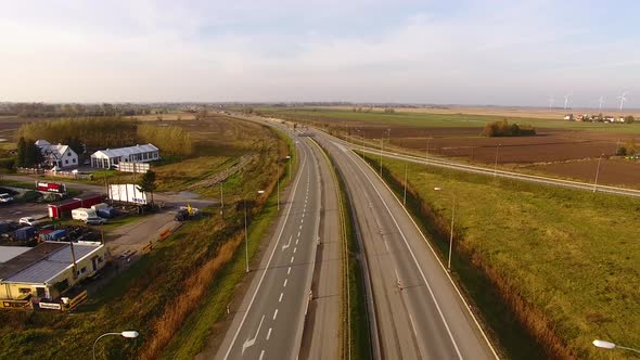 Aerial view of the road junction in Poland, autumn time