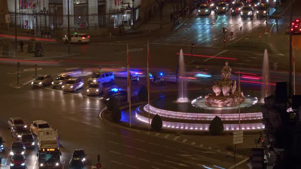 Timelapse of Transport Traffic on Plaza De Cibeles in Night Madrid, Spain