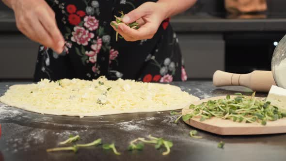 Housewife cooking dinner at home. Process of making pizza. Baking pizza with cheese