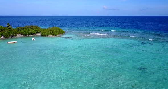 Tropical above clean view of a sandy white paradise beach and blue ocean background in 4K