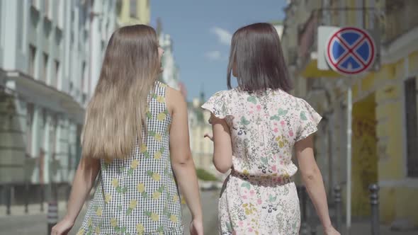 Back View of Two Walking Women with Shopping Bags