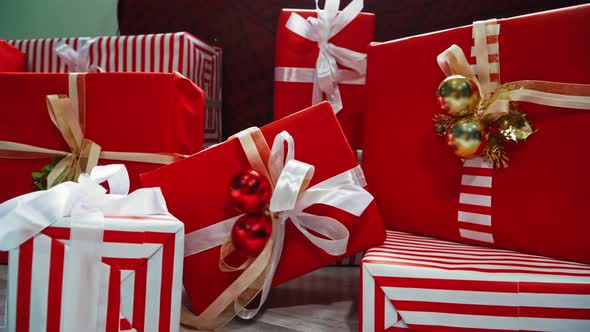 Many Gift Boxes, Christmas Decorations. New Year Background