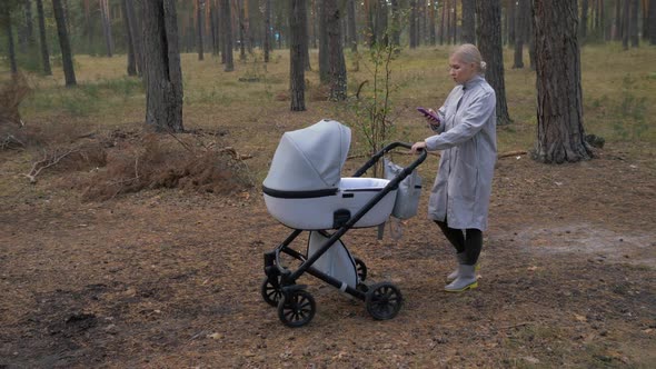 Young Cute Mom Walking in the Park with a Stroller and Uses Your Phone