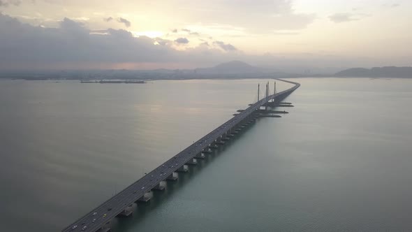 Aerial view morning sunrise at Penang Bridge.