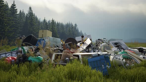 Rubbish dump on the meadow near the forest.. Junkyard full of messy trash