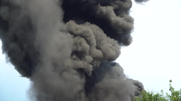 Black Smoke Rises Into the Sky. A Big Chemical Fire at a Factory Building. Thick Black Smoke Covers