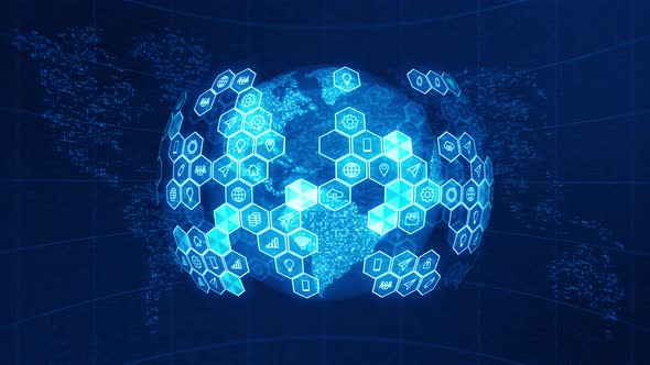 Blue technology icon and hexagon shape with earth sphere rotation futuristic abstract background