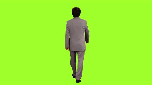 Rear View of a Businessman Walks on Green Background, Chroma Key