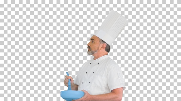 Male chef cook holding bowl and whipping, Alpha Channel