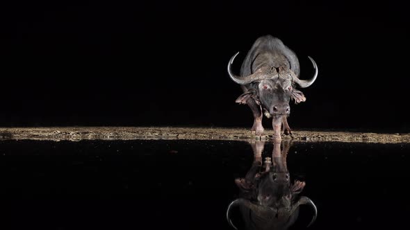Side lit Cape Buffalo stands at watering hole in blackness of night