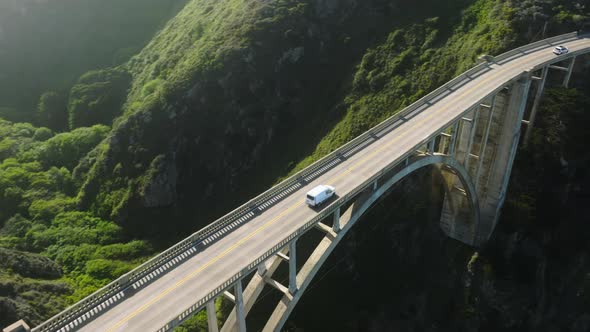 Aerial Tourists Cars Travel By Beautiful Mountains with Breathtaking Ocean Coast